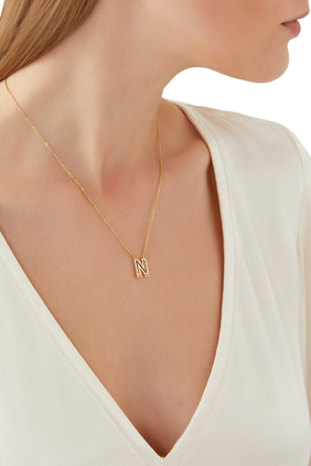 N Letter Pendant Necklace, 18k Gold, Orange Enamel & Diamond